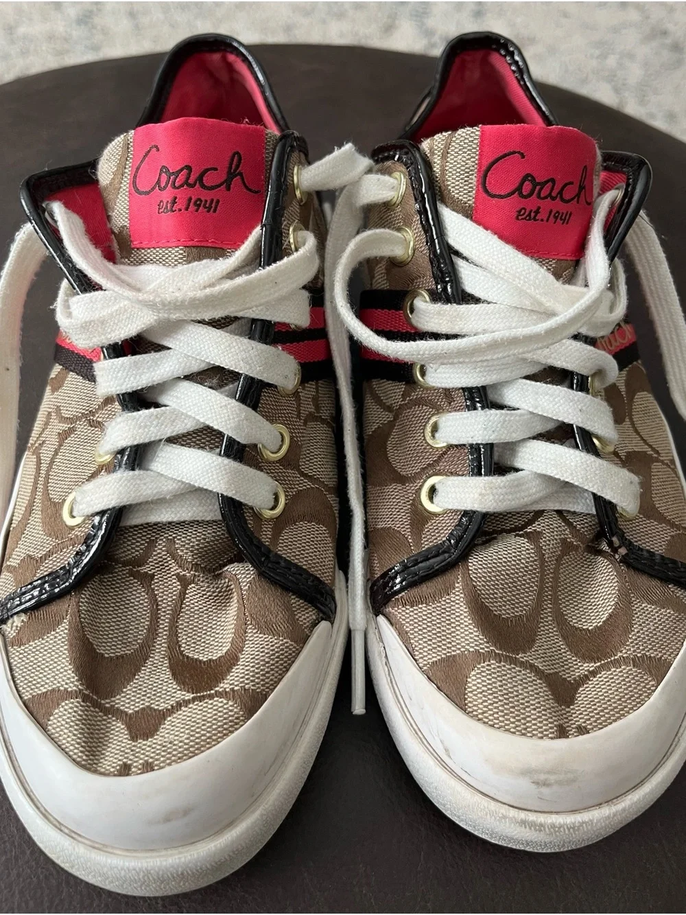 Coach Signature Low-Top Sneakers in Brown, White & Pink